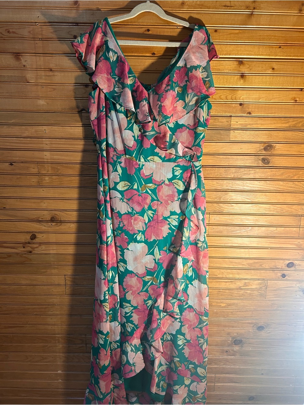 London Times Green Maxi Dress with Pink Floral Print